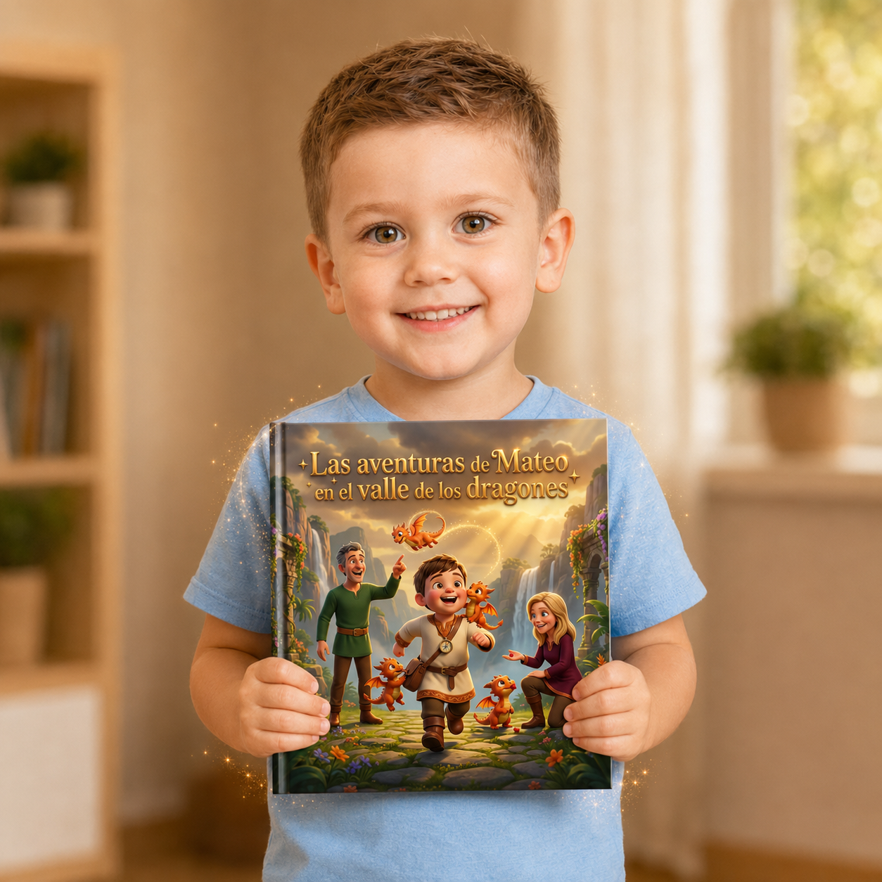Niño sonriente sosteniendo su cuento personalizado de Nuali Tales
